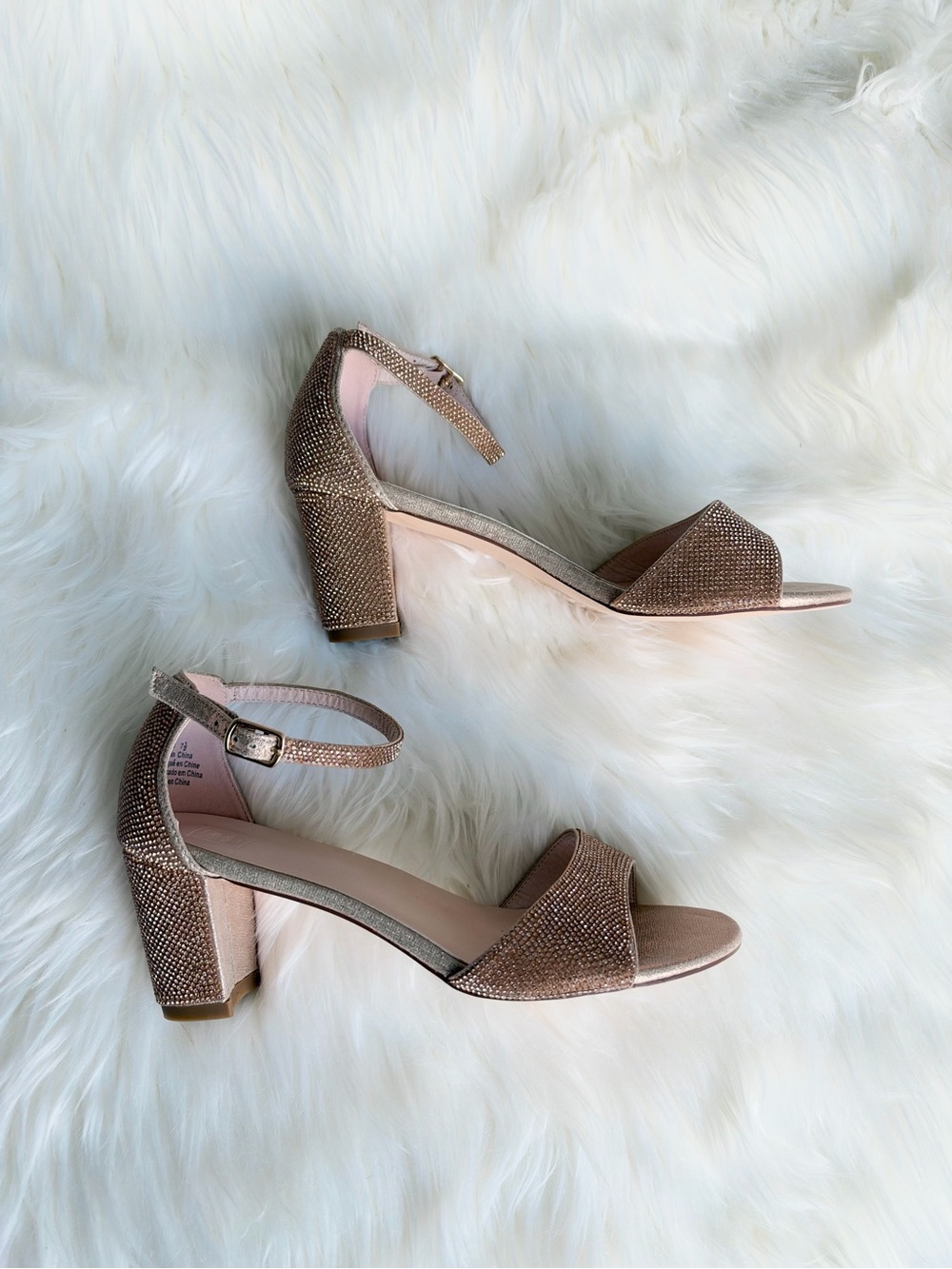 David's Bridal Rose Gold Glitter Block Heel Sandals